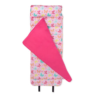 Wildkin nap mat fully extended showing quilted stitching and black carrying straps