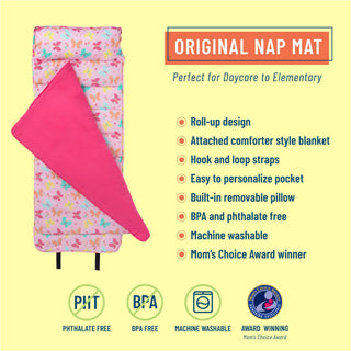 Pink butterfly garden nap mat with attached fuchsia comforter blanket for toddlers