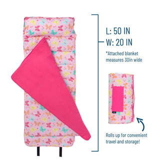 50-inch pink butterfly print nap mat with rolled cylinder view and dimensions