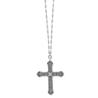 Oxidized silver Byzantium cross necklace featuring engraved heart swirls and faceted center stone