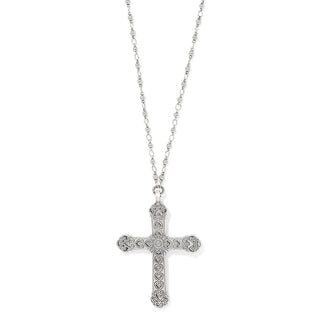 Antiqued silver Byzantium cross pendant with heart filigree, central crystal, and beaded chain