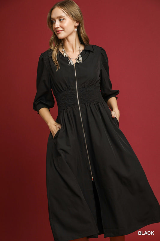 Smocked Waist Zip Dress