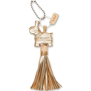 Consuela Brit Charm gold leather pinata keychain with tassel and ball chain