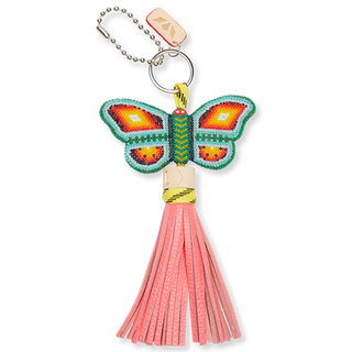 Consuela beaded butterfly charm keychain with teal wings and pink leather tassel
