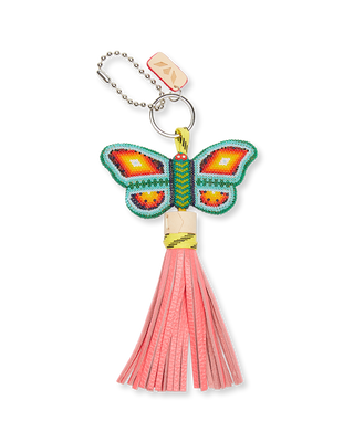 Consuela beaded butterfly keychain charm with colorful wings and pink leather tassel