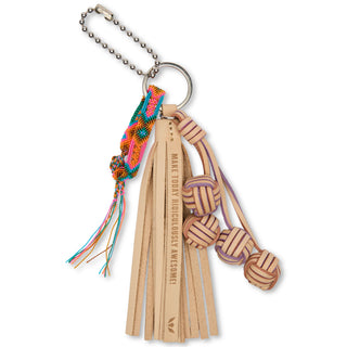 Consuela Vanessa Charm keychain with leather tassel, woven friendship bracelet, and knotted leather balls