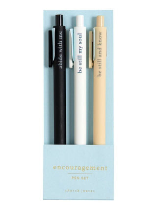 Church Notes Encouragement Pen Set with three pens featuring inspirational phrases in black, white, and tan.