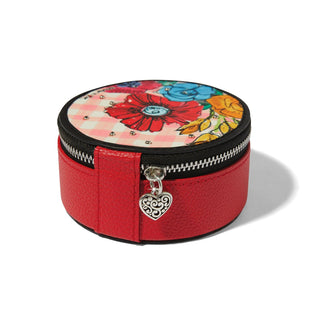 Brighton California Dreaming round red jewelry box with floral print top and heart zipper pull