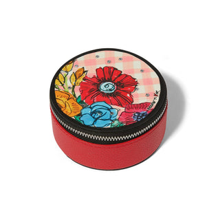 Brighton California Dreaming round red jewelry box with colorful floral artwork and zipper closure