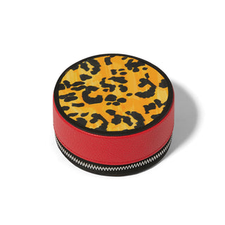 Brighton round jewelry box, red leather sides, leopard print top, silver zipper closure