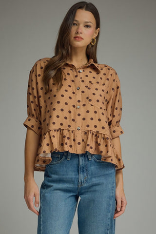 Camel Polka Dot Top with Ruffle Trim