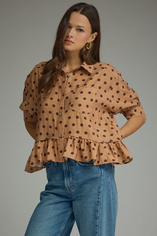 Camel Polka Dot Top with Ruffle Trim