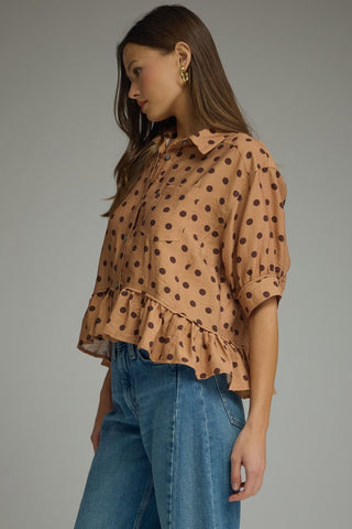 Camel Polka Dot Top with Ruffle Trim