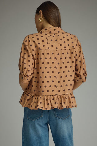 Camel Polka Dot Top with Ruffle Trim