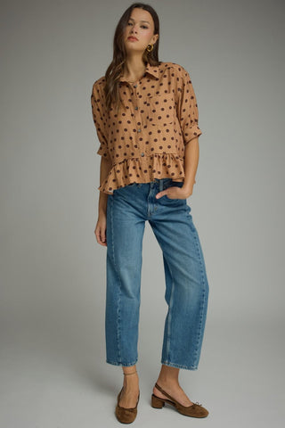 Camel Polka Dot Top with Ruffle Trim
