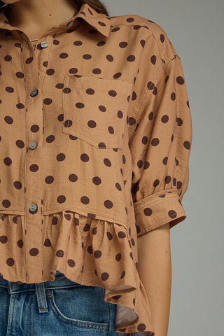 Camel Polka Dot Top with Ruffle Trim