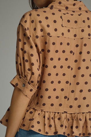 Camel Polka Dot Top with Ruffle Trim