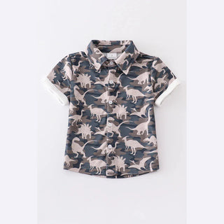 Camo Dino Boys Top short sleeve button down shirt with dinosaur print and white ribbed cuffs