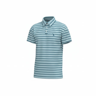 Blue striped polo shirt with a brand logo 