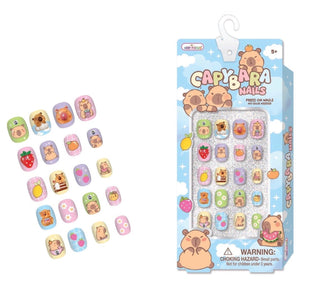 Hot Focus Capybara press-on nails set showing 24 decorated nails and retail packaging box