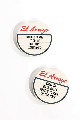 El Arroyo car coaster set featuring two round coasters with humorous marquee sign sayings