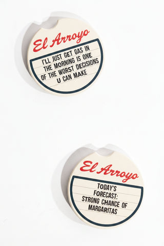 El Arroyo car coaster set featuring humorous marquee sign messages on cream circular coasters