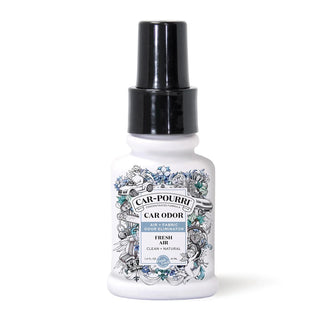 White Car-Pourri concentrated car odor eliminator spray bottle with black pump and botanical label design