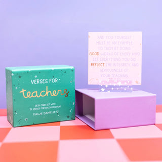 Box of 'Verses for Teachers' desk cards with a purple card 