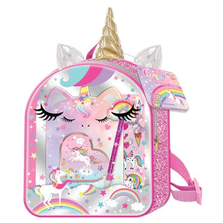 Pink glitter unicorn backpack with notebook, pen, and stickers writing set