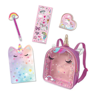 Unicorn-themed backpack set with notebook, sticker sheet, pen, and heart eraser in pink