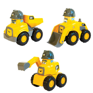 Yellow CAT construction toy set with excavator dump truck and loader featuring hard hats and cartoon faces