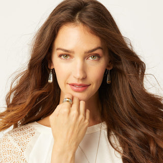 Model wearing Brighton Catania French Wire Earrings with silver filigree and gold accents