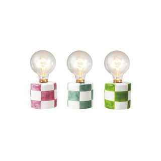 Three checkered lamp bases with LED light bulbs 