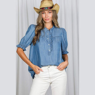 Vine & Love Women’s Tops Chambray Ruffle Shirt