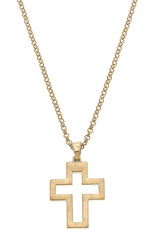 Charlotte Delicate Cross Pendant Necklace in Worn Gold