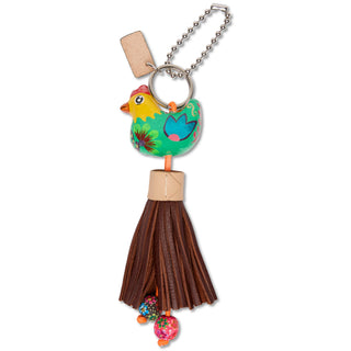 Consuela Charm Lennie keychain with painted green chicken, brown leather tassel, and decorative beads