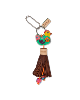Consuela Charm Lennie keychain with colorful rooster, brown leather tassel, and decorative beads