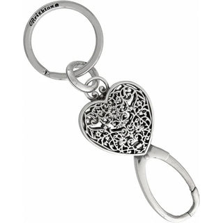 Silver-plated Brighton charm bar heart keychain featuring ornate engraved interior pattern