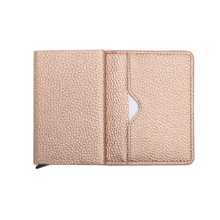 Rose gold pebbled leather bifold wallet with lever-style instant card access and RFID protection