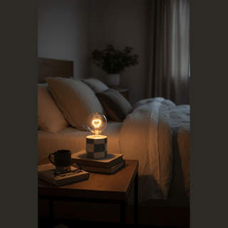 Checkered Ceramic LED Light on bedside table with warm glow