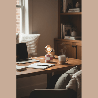 Checkered Ceramic LED Light on home office desk with warm ambient lighting