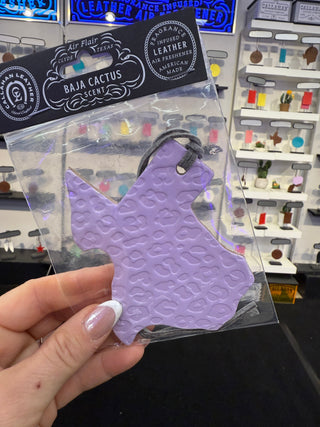 Callahan Leather Co. Baja Cactus scent Texas-shaped purple cheetah leather air freshener in packaging