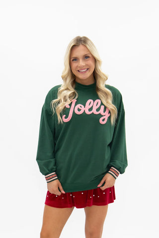 Forest green chenille Jolly sweatshirt with pink script lettering and striped cuffs