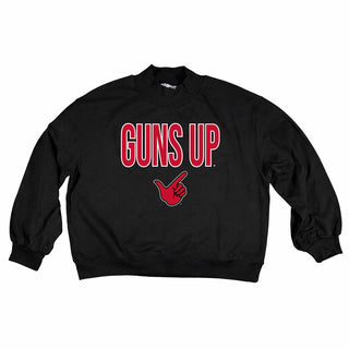 Black crewneck sweatshirt with red Guns Up text and hand gesture logo