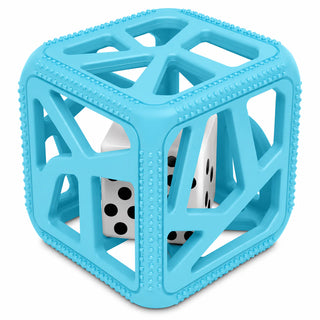 Light blue open-frame silicone teething cube highlighting hollow structure and raised dot texture