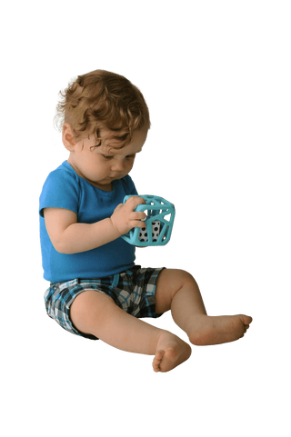 Baby holding light blue Malarkey Kids Chew Cube teether with geometric cutouts and raised dot texture