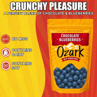 Ozark Nut Roasters Chocolate Blueberries in gold resealable pouch with blue candy-coated blueberries