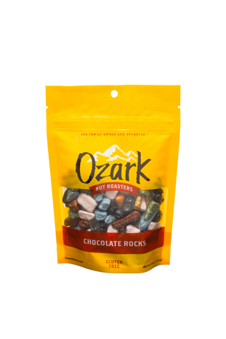 Ozark Nut Roasters Chocolate Rocks 4oz yellow resealable bag, gluten free