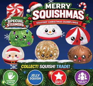 Merry Squishmas squishy Christmas dumpling toys featuring Santa, snowman, reindeer, and candy cane designs