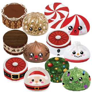 Christmas-themed plush dumplings and round tins featuring Santa, snowman, reindeer, and candy cane designs